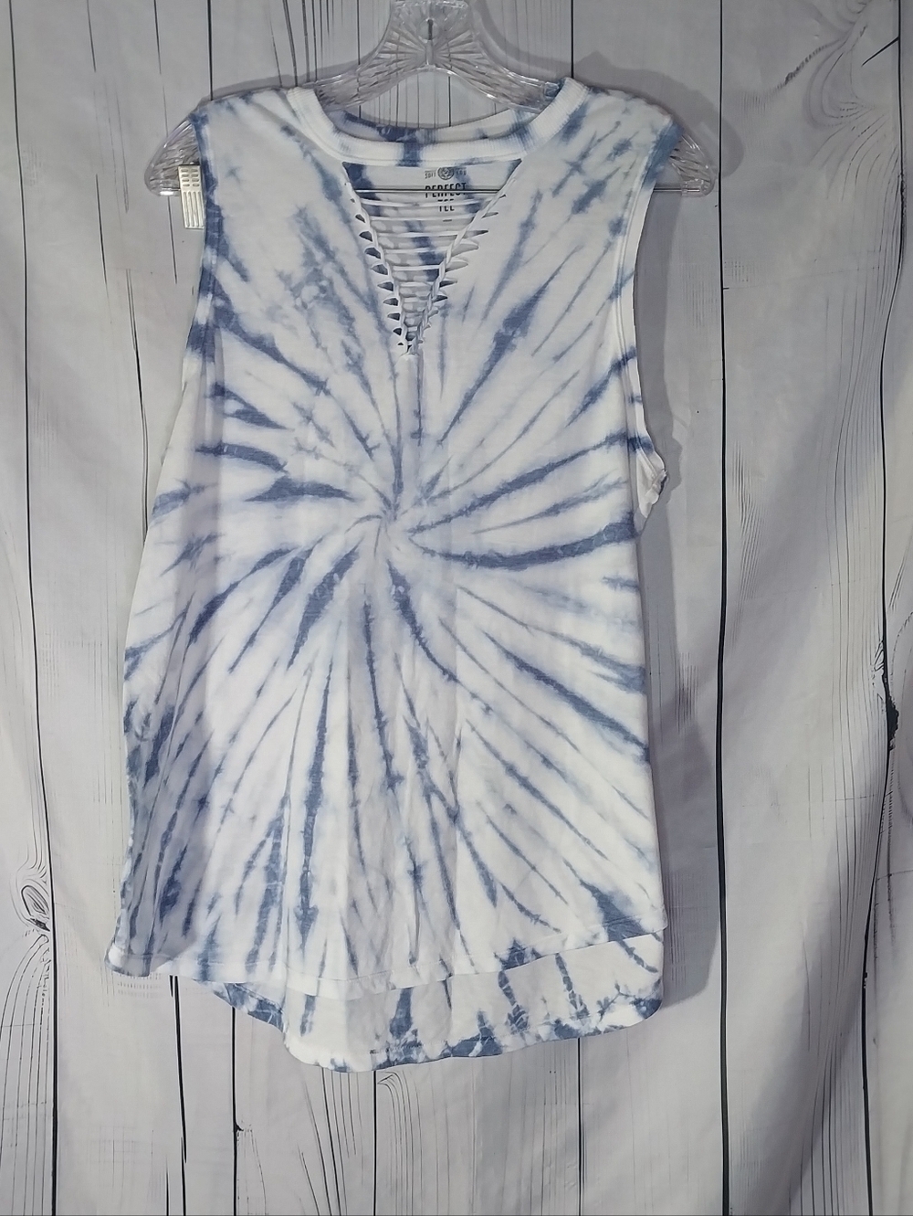American Eagle Blue and White Tie-Dye Boho  Festival Tank with Lattice V-Neck